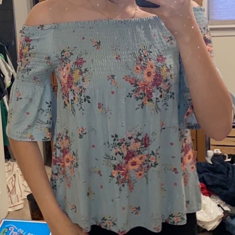 Blue, Floral Off the Shoulder Shirt